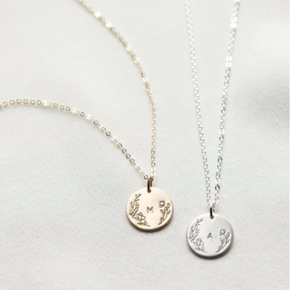 Floral Letter M Initial Dainty Silver/Gold Floral Engraved Boho/Indie Necklace - Picture 5 of 16